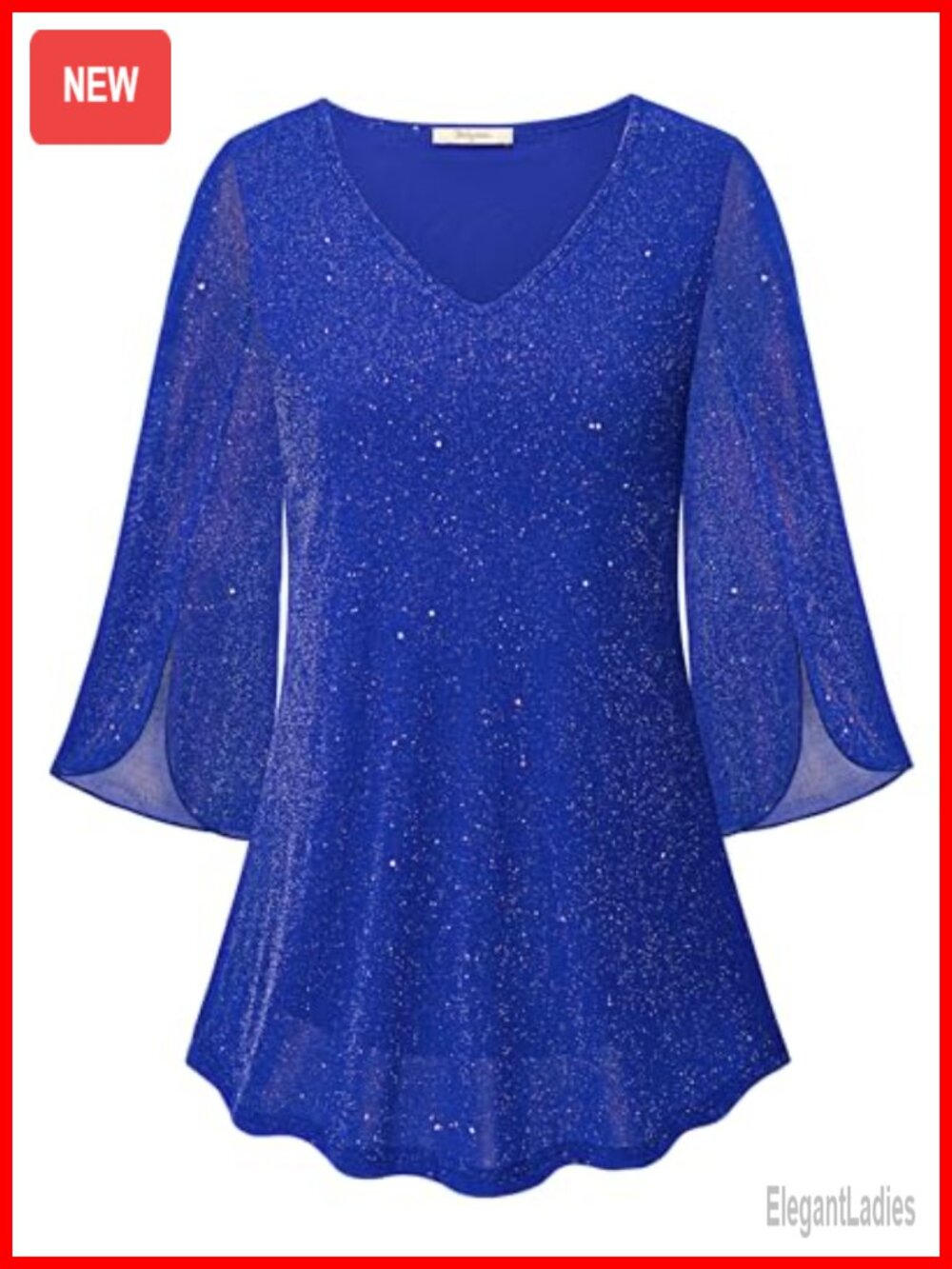 Womens Ruffle 3/4 Sleeve V Neck Mesh Double Layer Flowy Tunic Top